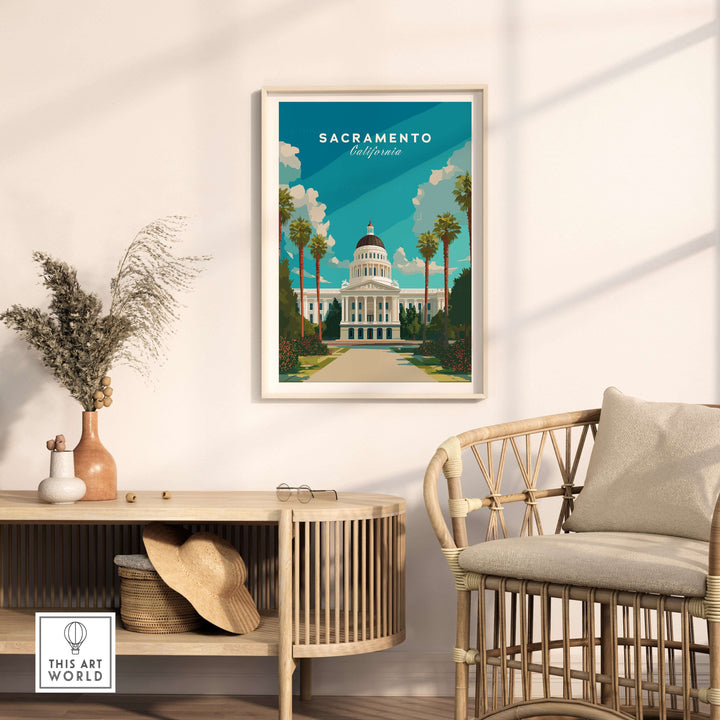 Sacramento Wall Art featuring California Capitol Building in stylish interior setting with rattan furniture and decor.
