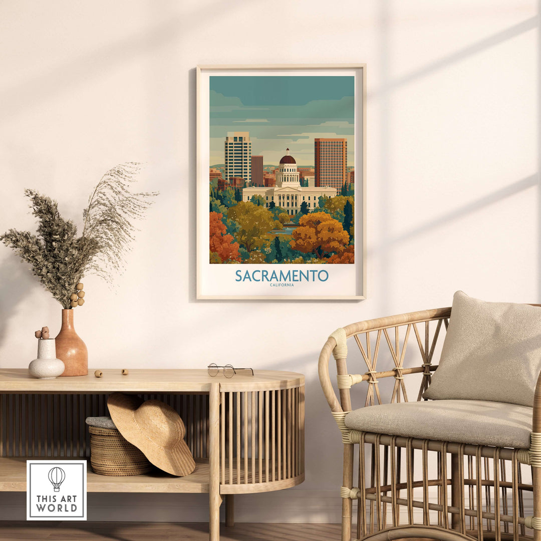 Sacramento California poster showcasing the city skyline and landmarks in a stylish home setting.