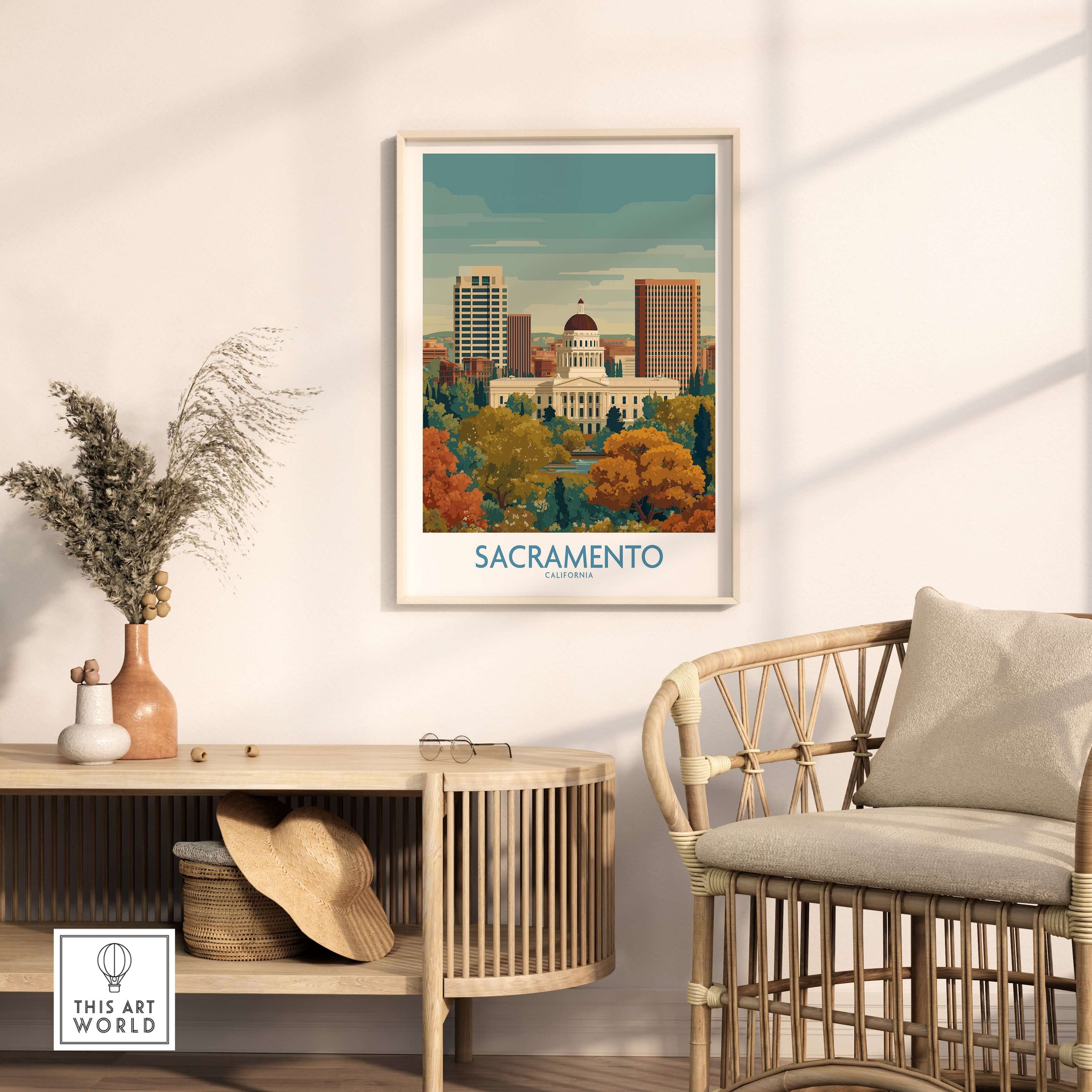 Sacramento California Poster - California Capital Print featuring the city skyline and vibrant colors in a stylish living room setting.