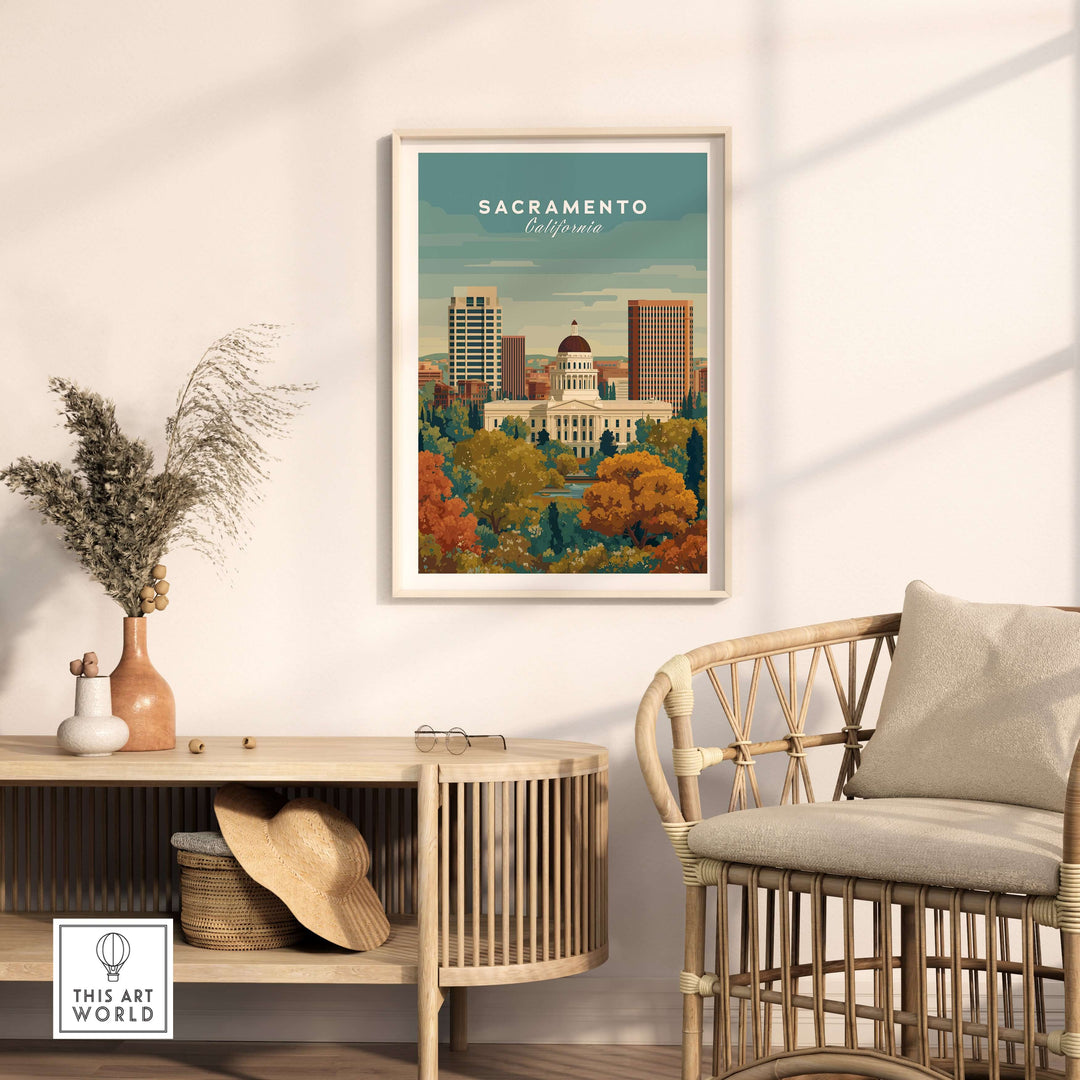 Sacramento skyline and Capitol print showcasing urban landscape in a modern living space.