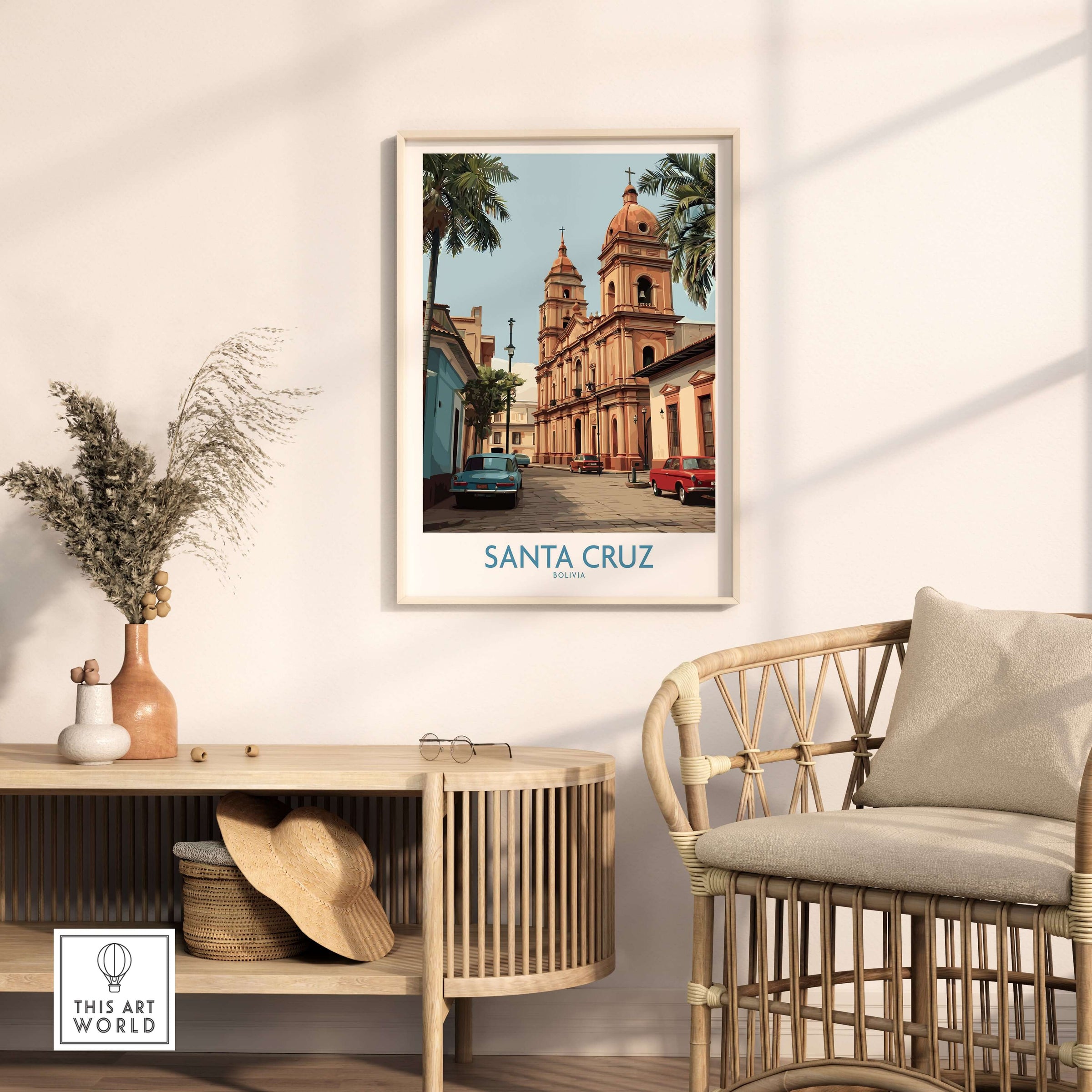 Santa Cruz Bolivia Art Print | Historic City Poster framed in a modern living room with stylish decor.