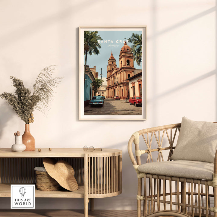 Santa Cruz South America Print | Bolivian Urban Wall Decor featuring vibrant cityscape in a modern living room.