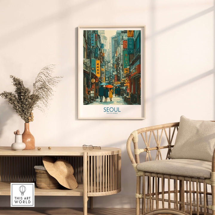 Vibrant Seoul city life poster art print displayed in a modern living room setting.