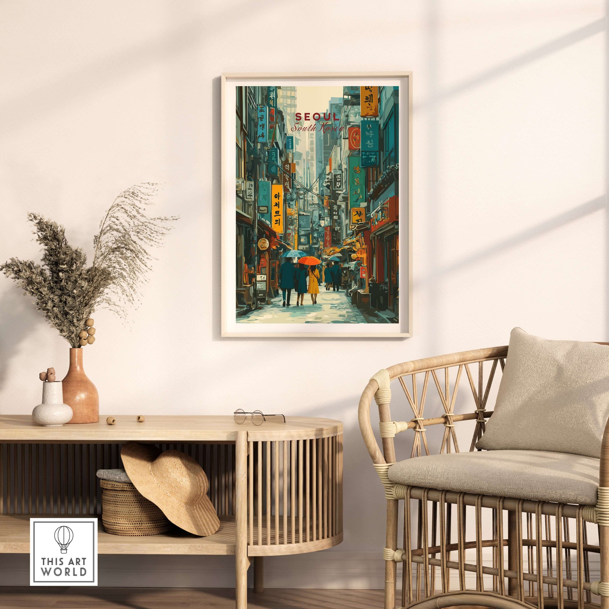 Seoul Print South Korea Busy Street - Urban Cityscape Wall Art displayed in a modern living room setting.
