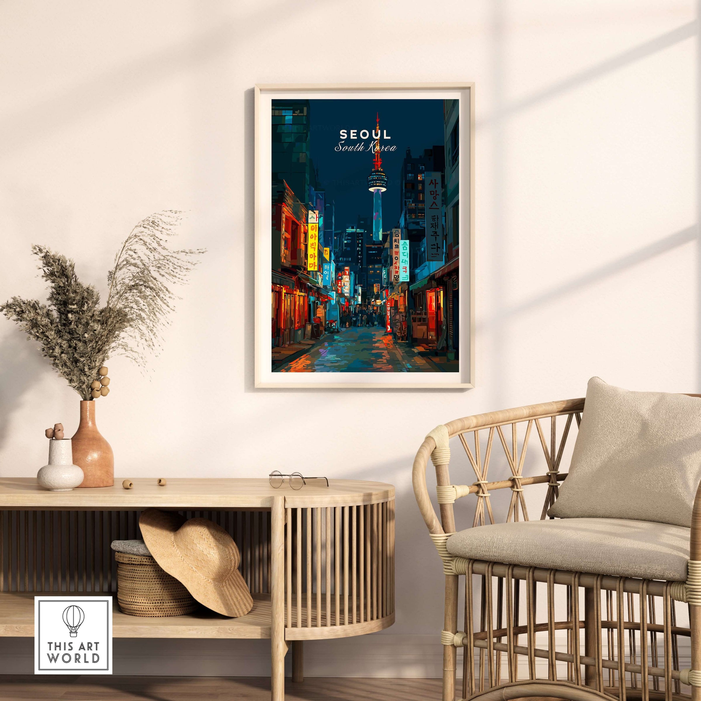 Seoul South Korea Poster N Seoul Tower Print showcasing urban landscape with colorful lights and modern decor.