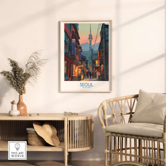 Seoul South Korea Korean City Nightlife Poster - Seoul Travel Print in a stylish living room setting.