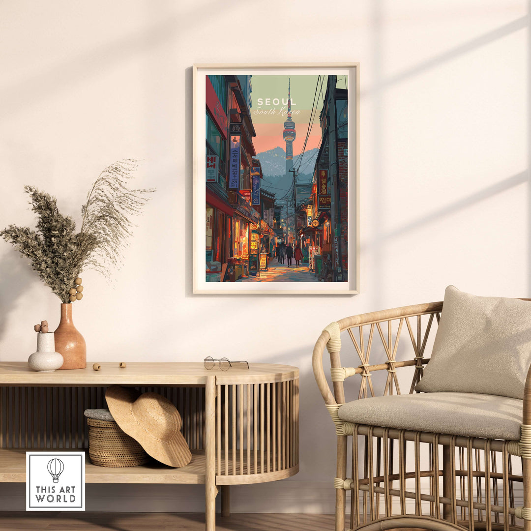 N Seoul Print showcasing traditional streets of Seoul, South Korea, ideal for home wall art decor.