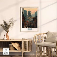 Seoul South Korea Old Town Skyline Wall Art displayed in a cozy living space with bamboo chair and decorative elements.