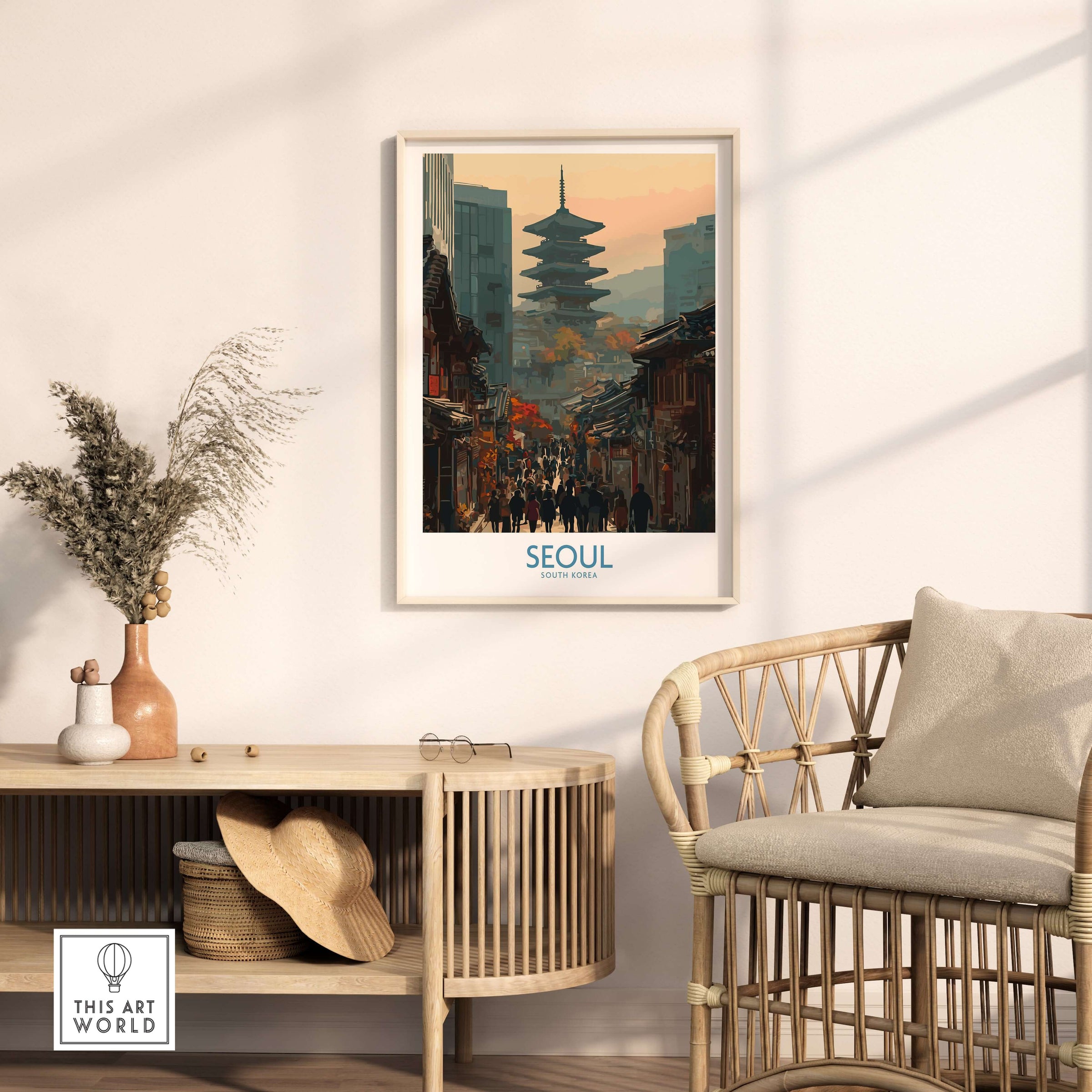 Seoul South Korea Old Town Skyline Wall Art displayed in a cozy living space with bamboo chair and decorative elements.