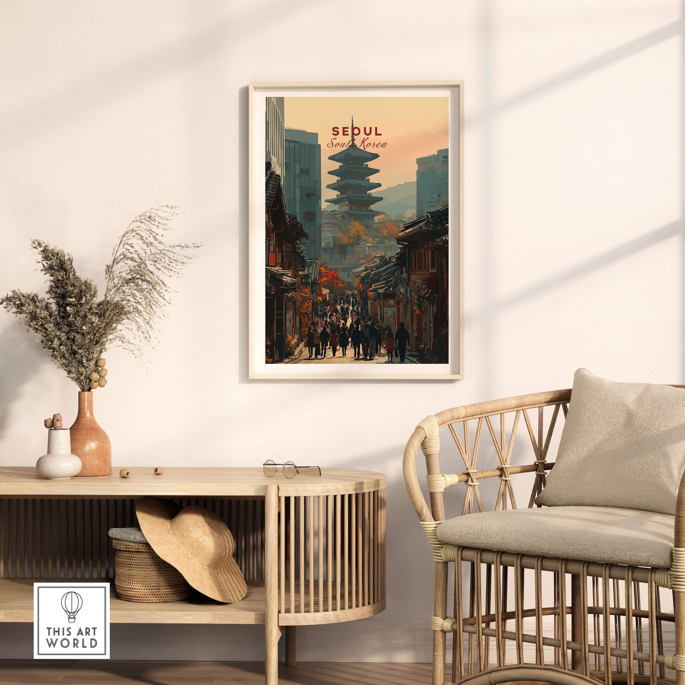Seoul South Korea Poster - Historic City Landmark Print showcasing iconic architecture and bustling street life.