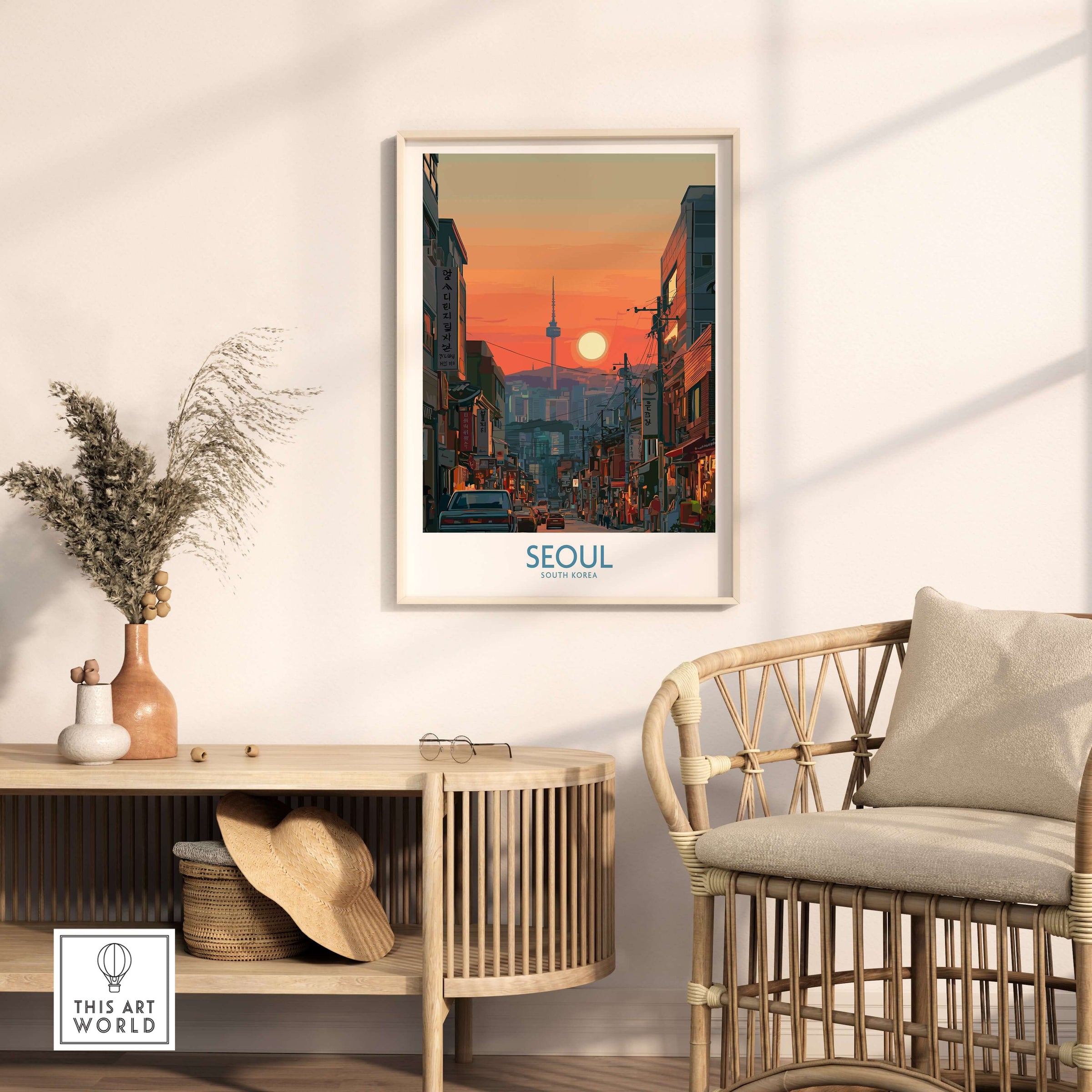Seoul South Korea Wall Art - Korean Capital Travel Poster displayed in modern living space with sunset backdrop.