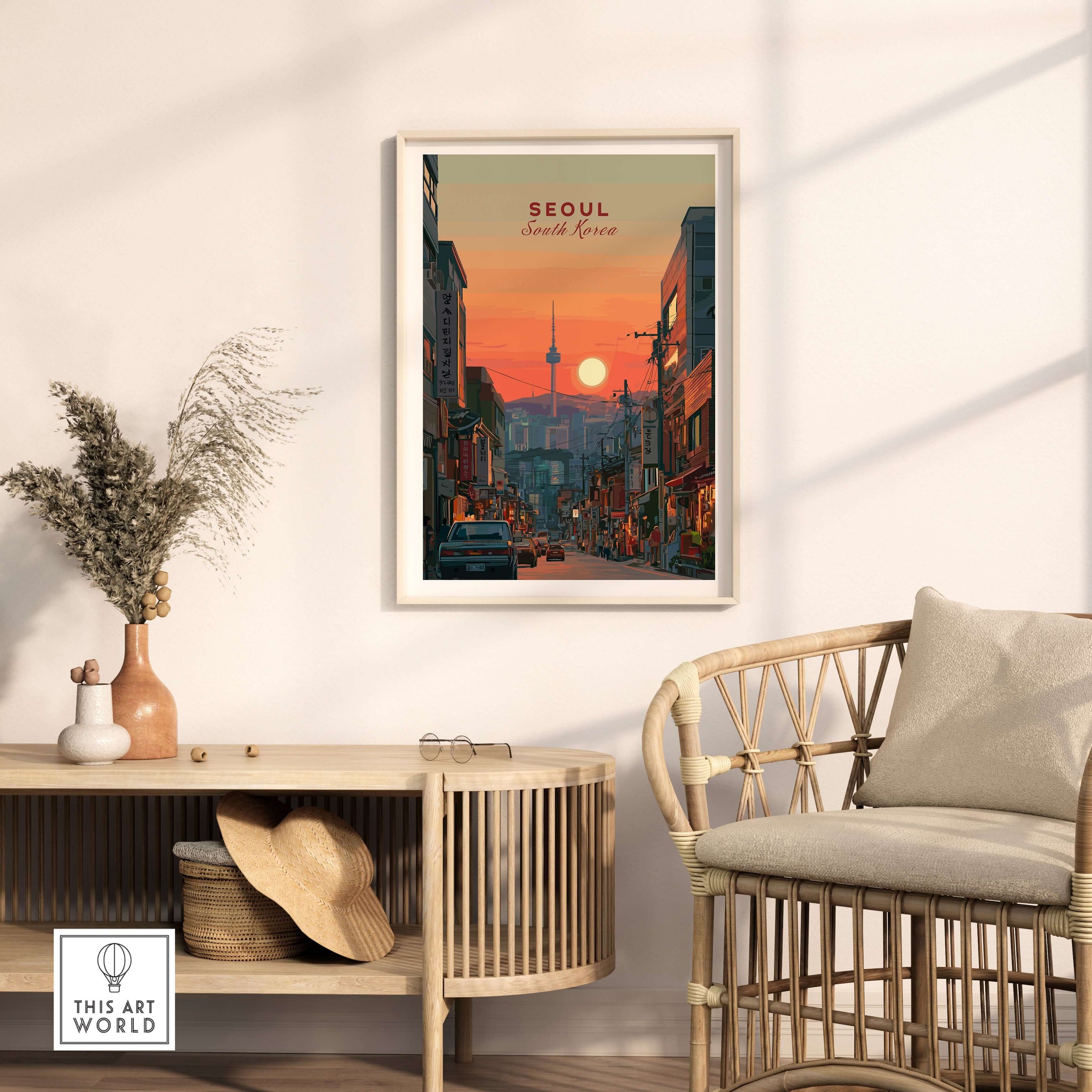 Seoul South Korea City Sunset Print - N Seoul Tower Skyline Poster displayed in a modern living room setting.