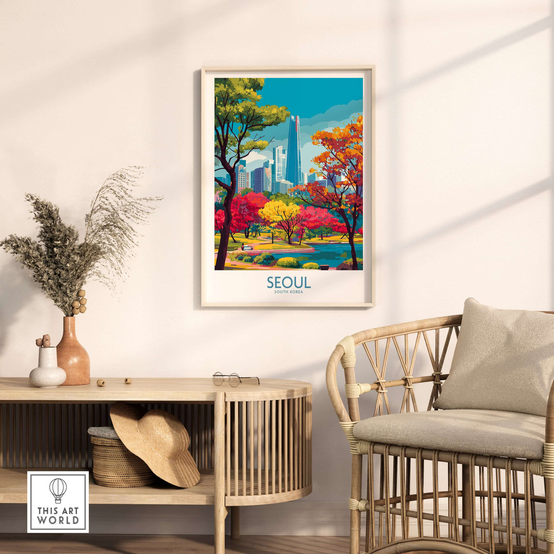 Seoul South Korea city park skyline poster framed in a stylish room with greenery and modern furniture.