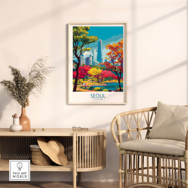 Seoul South Korea city park skyline poster framed in a stylish room with greenery and modern furniture.