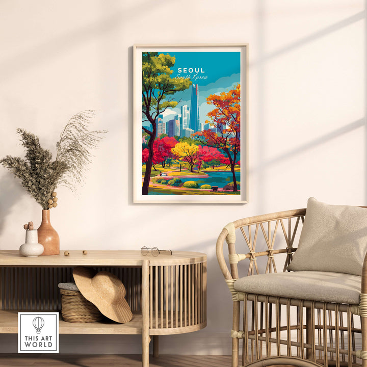 Colorful Seoul skyline print featuring Lotte World Tower and vibrant park scenery, ideal for home decor.