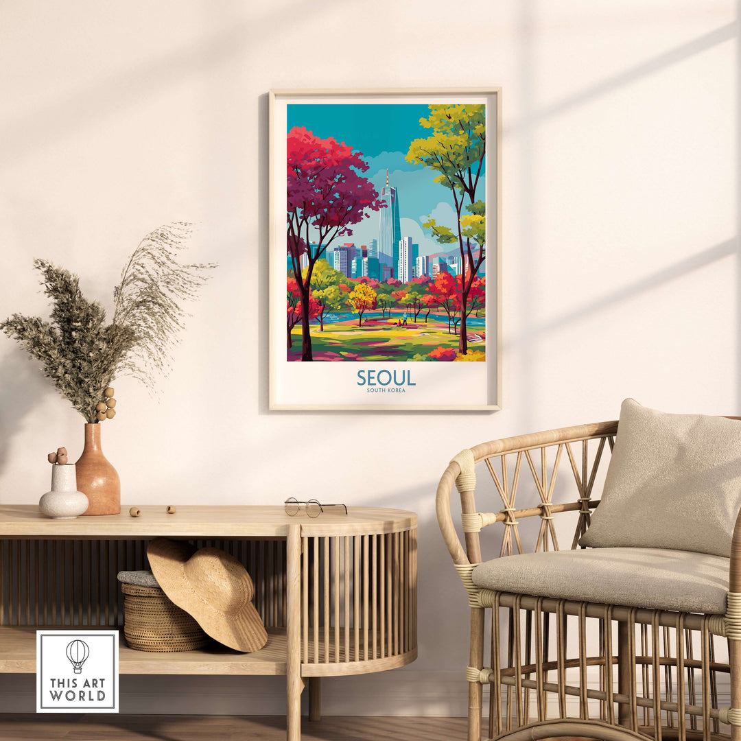 Colorful Seoul Wall Art print showcasing vibrant trees and city skyline in a stylish interior setting.