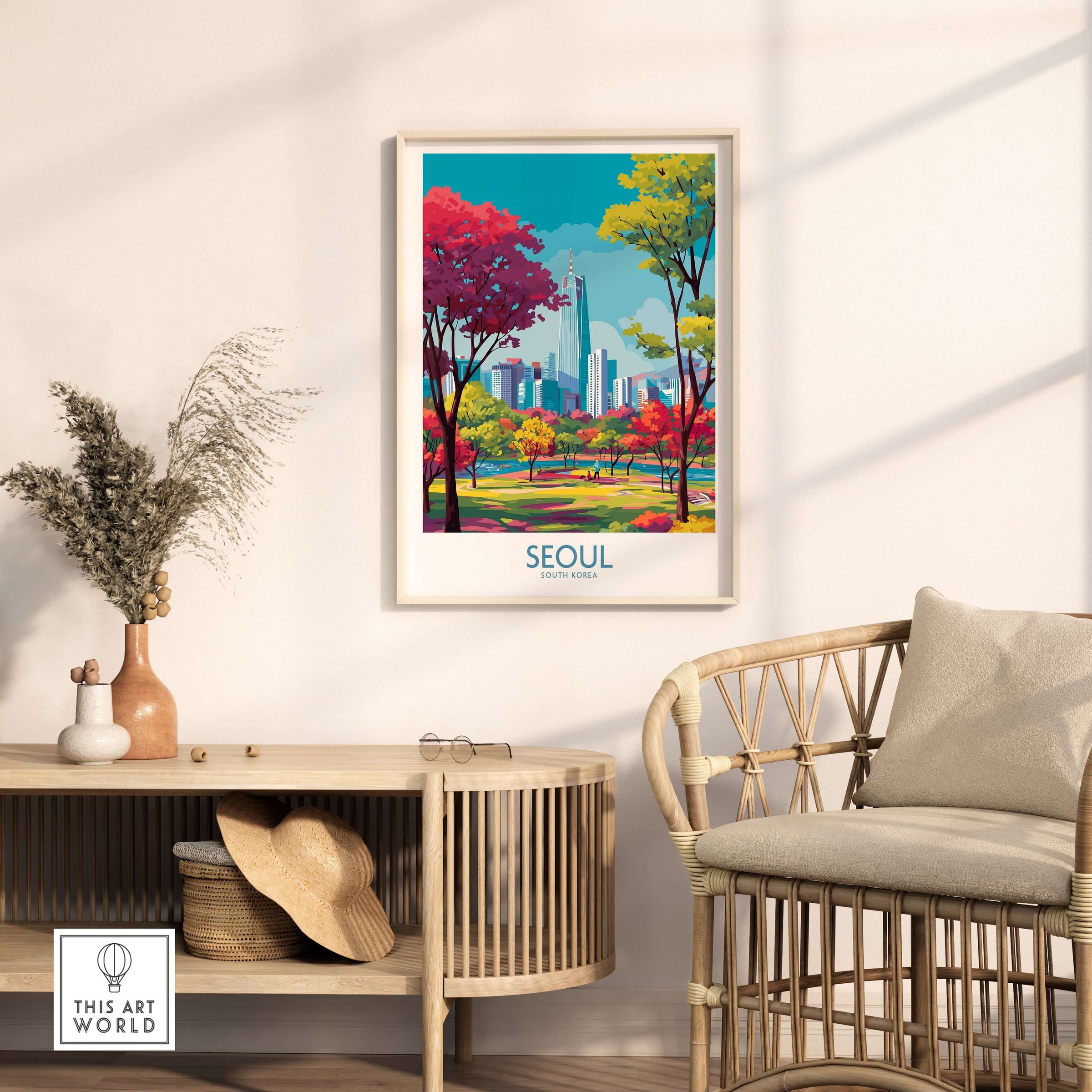 Seoul Wall Art - South Korea Print showcasing vibrant fall colors and iconic city skyline.