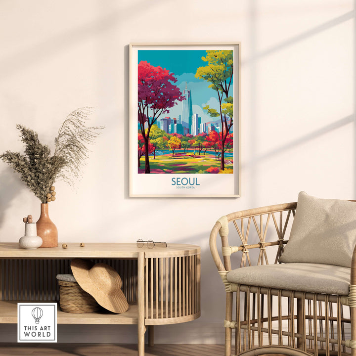 Colorful Seoul Wall Art print showcasing vibrant trees and city skyline in a stylish interior setting.