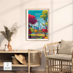 Seoul South Korea Poster - Vibrant Cityscape Print displayed in a stylish living room with modern decor.