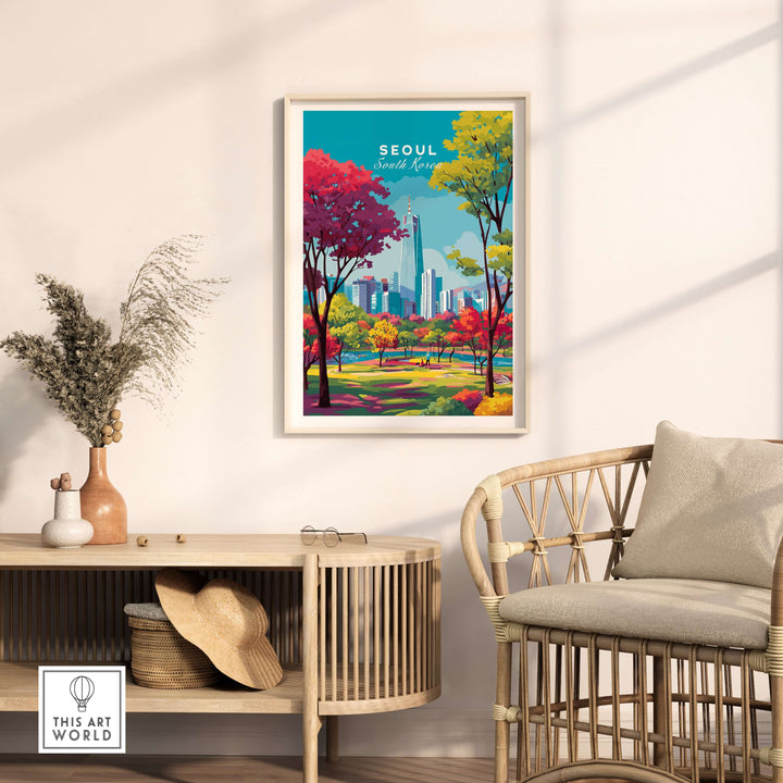 Vibrant Seoul South Korea cityscape poster displayed in a modern living room with natural decor.