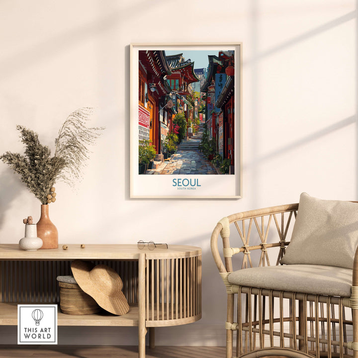 Seoul Bukchon Hanok Village poster displayed in a stylish interior, showcasing traditional architecture and vibrant colors.