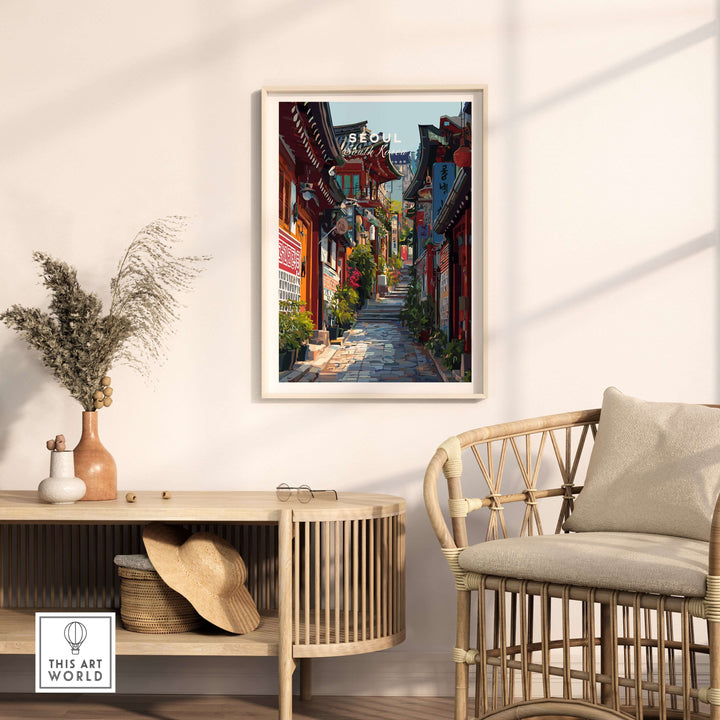Historic Seoul street print in a cozy interior, showcasing vibrant colors and traditional architecture.