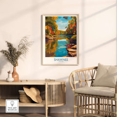 Shawnee State Park Colorful Trees Landscape Poster - Ohio Nature Travel Decor displayed in a cozy living room setting.