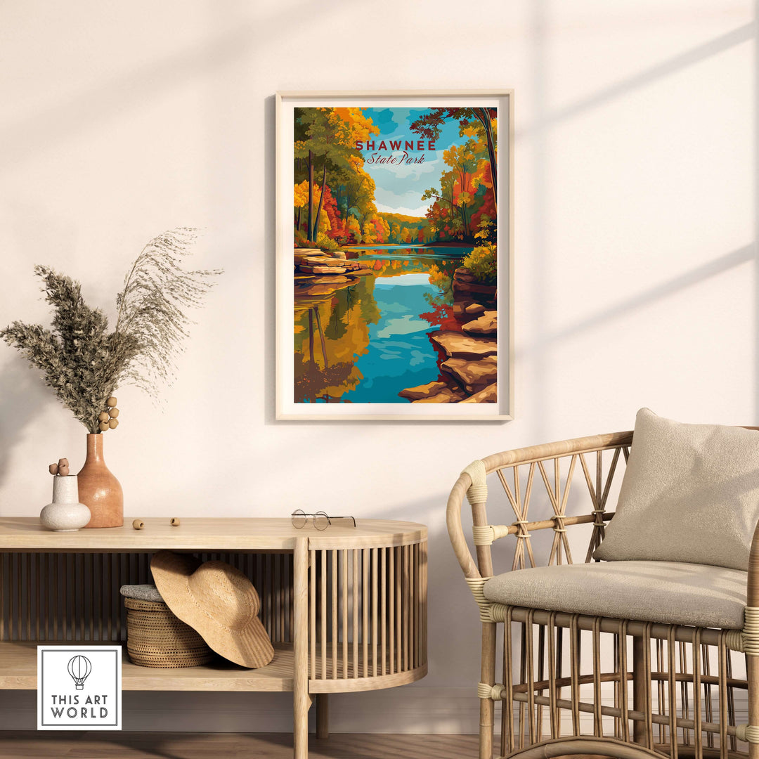 Shawnee State Park Ohio fall lake print featuring autumn foliage and tranquil reflections, perfect wall art for seasonal decor.