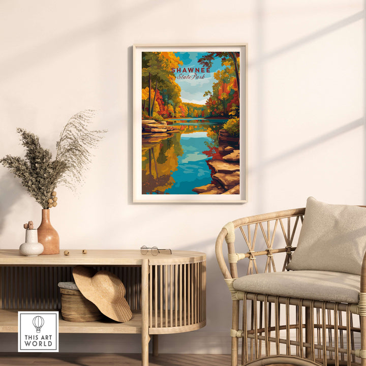 Shawnee State Park Ohio fall lake print featuring autumn foliage and tranquil reflections, perfect wall art for seasonal decor.