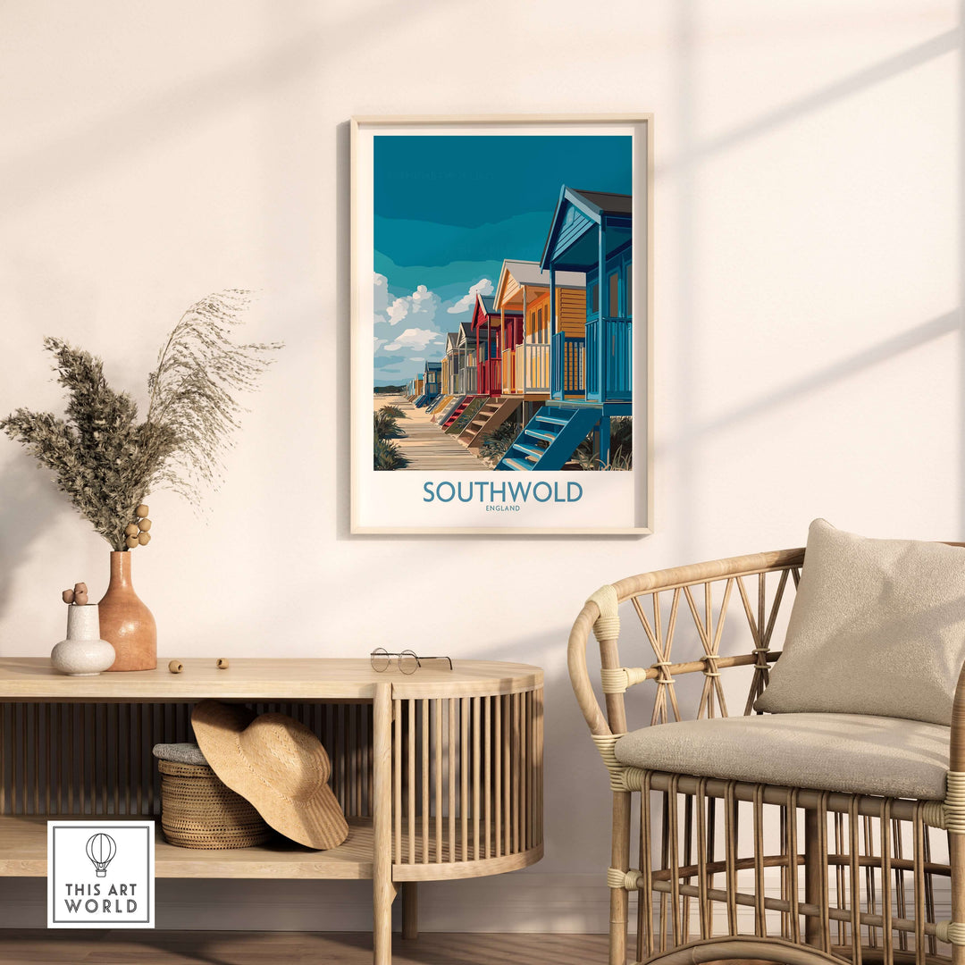 Southwold England seaside poster in a stylish interior featuring colorful beach huts and modern decor.