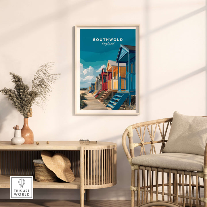 Vibrant Southwold England beach huts print displayed in a stylish living room setting.