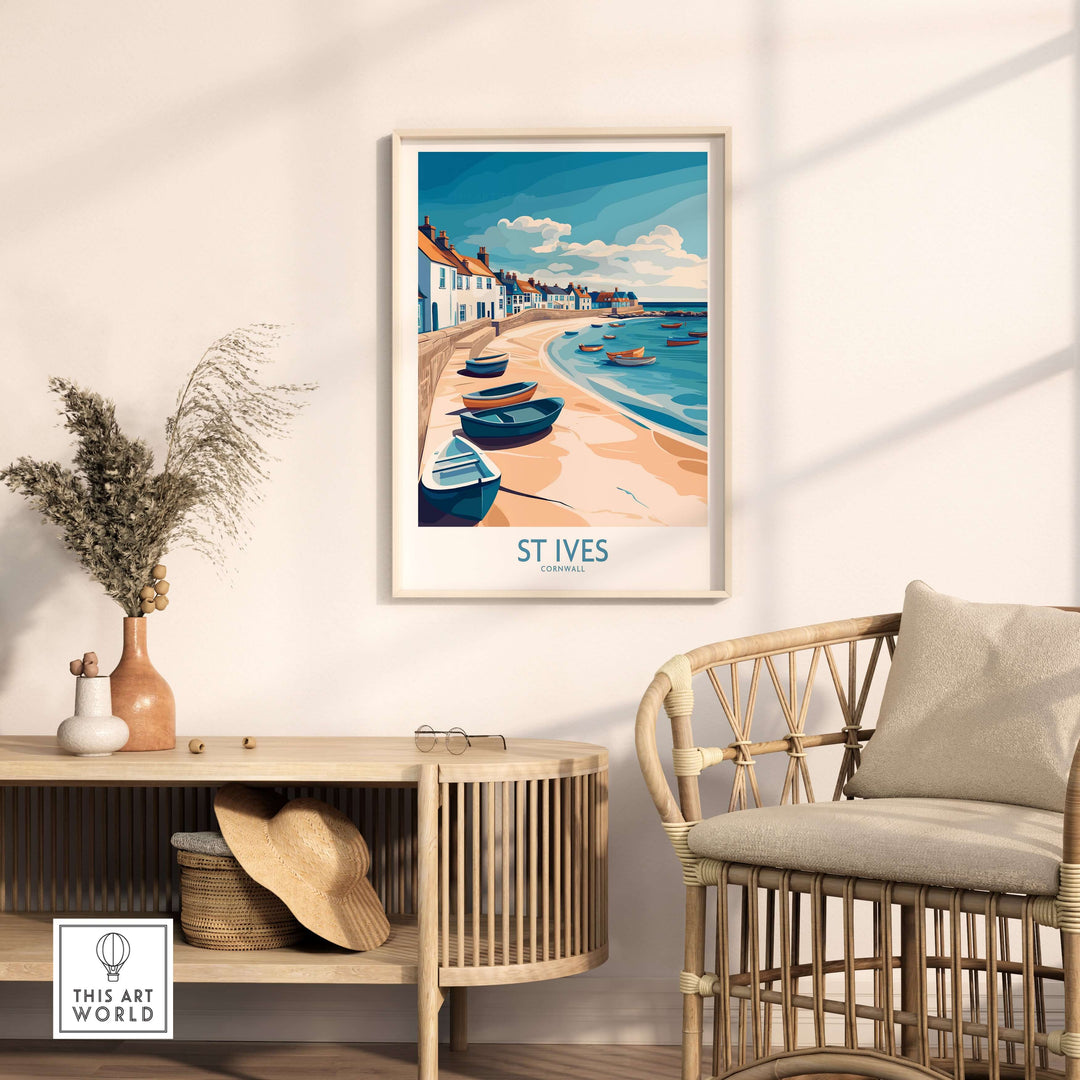 Colorful St Ives Cornish harbor wall art displayed in a coastal-themed living room.