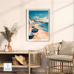 St Ives Beach Boats Seascape Poster - Cornwall Seaside Village Print displayed in a stylish living room.