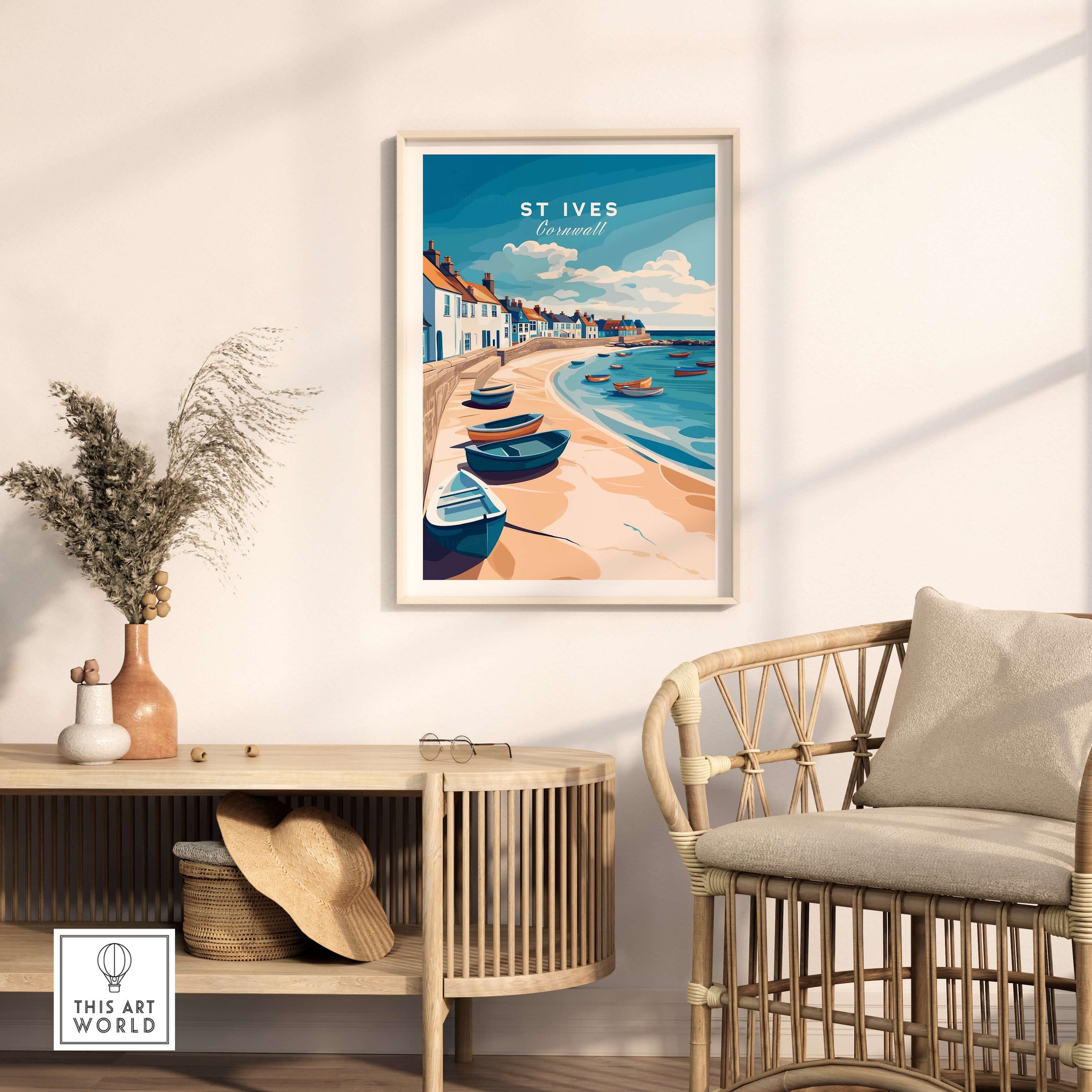 St Ives Beach Boats Seascape Poster - Cornwall Seaside Village Print displayed in a stylish living room.