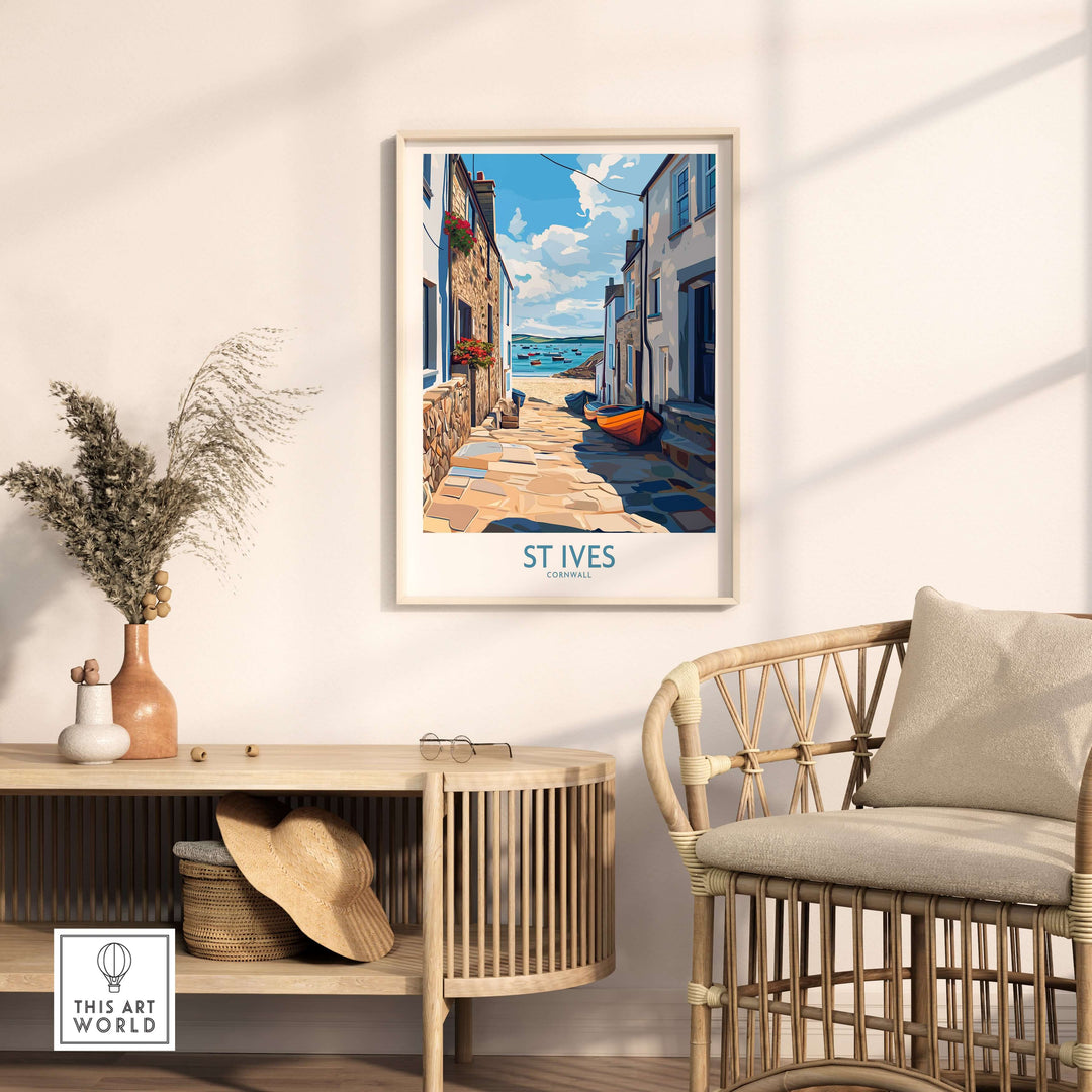 St Ives Cornwall wall art featuring vibrant harbor scene and cobbled streets in a cozy coastal setting.