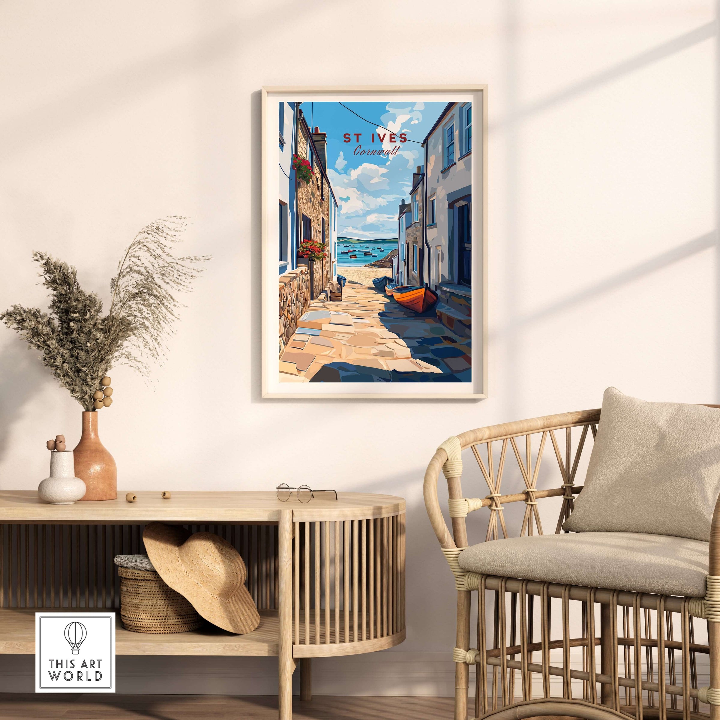 St Ives Cornwall Alleyway Beach View Print - Picturesque Coastal Town Poster displayed in a stylish interior setting.