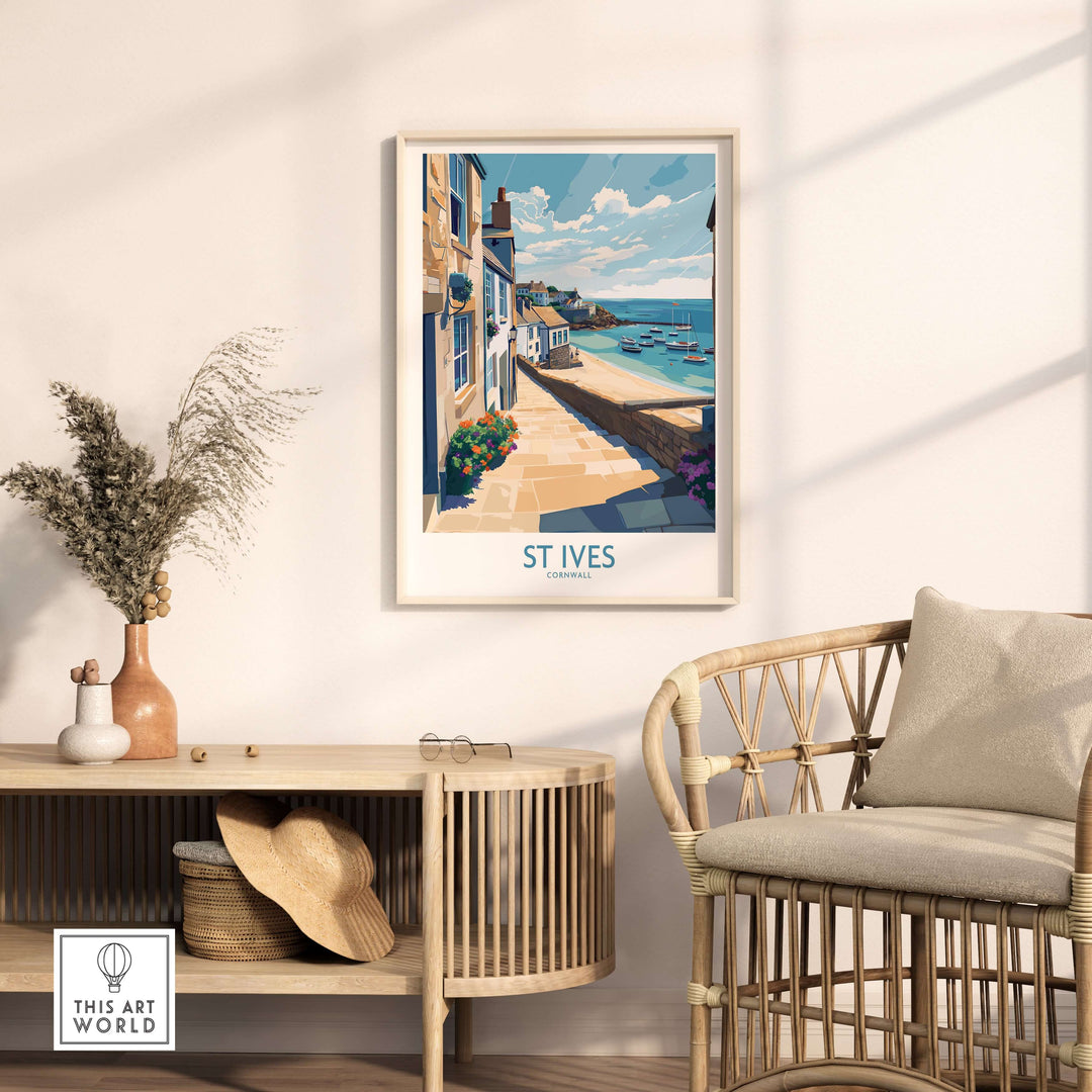 St Ives Cornwall coastal alleyway wall art in a stylish living room setting.