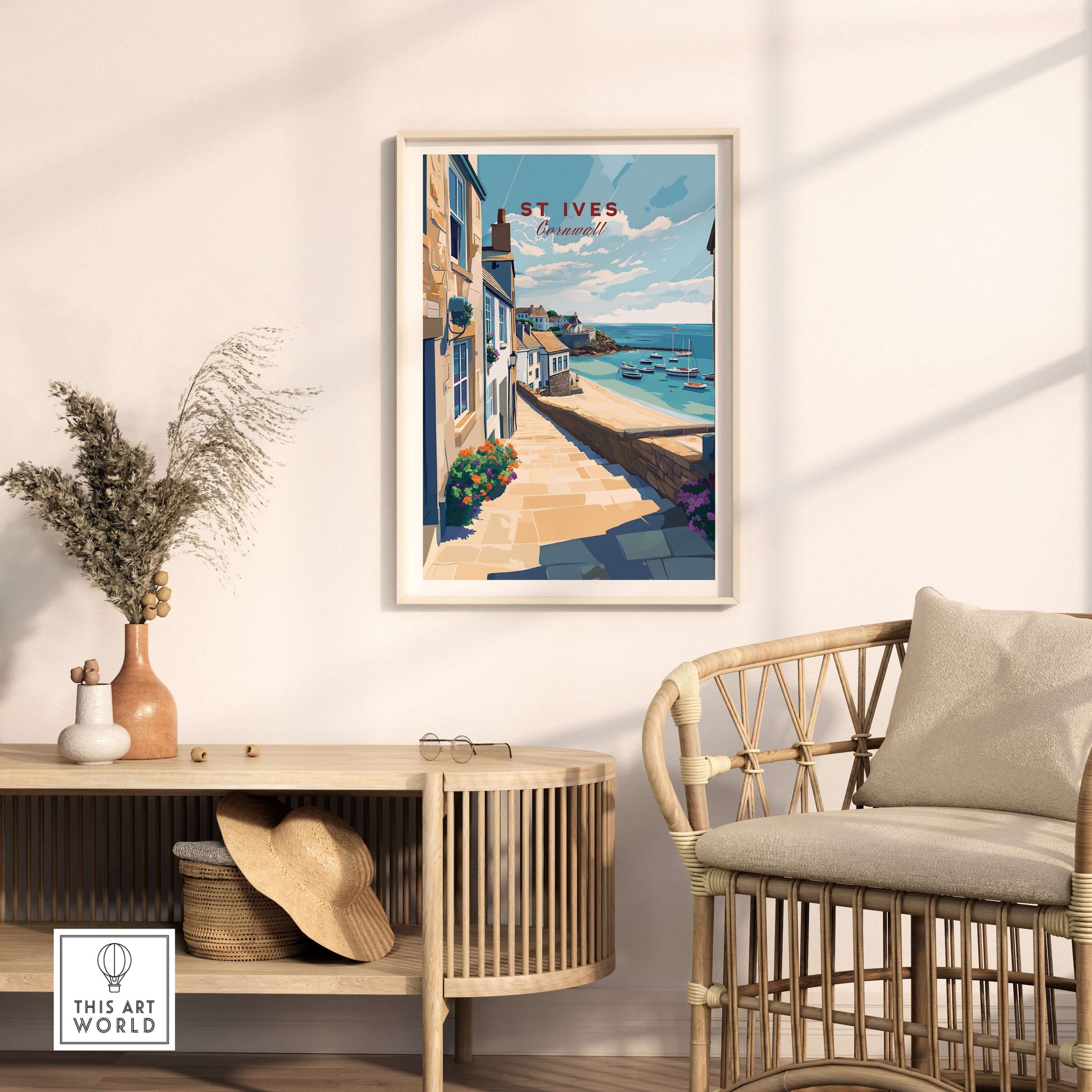 St Ives Cornwall Stone Steps to Beach Poster - Seaside Village Print displayed on wall above a stylish rattan chair.
