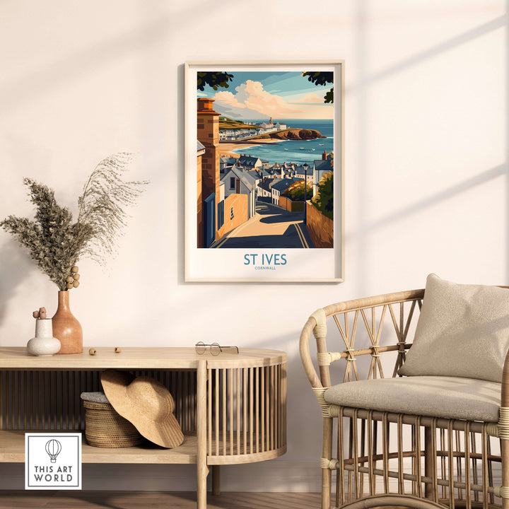 St Ives Cornwall seaside street poster displayed in a coastal-themed living room decor setting.