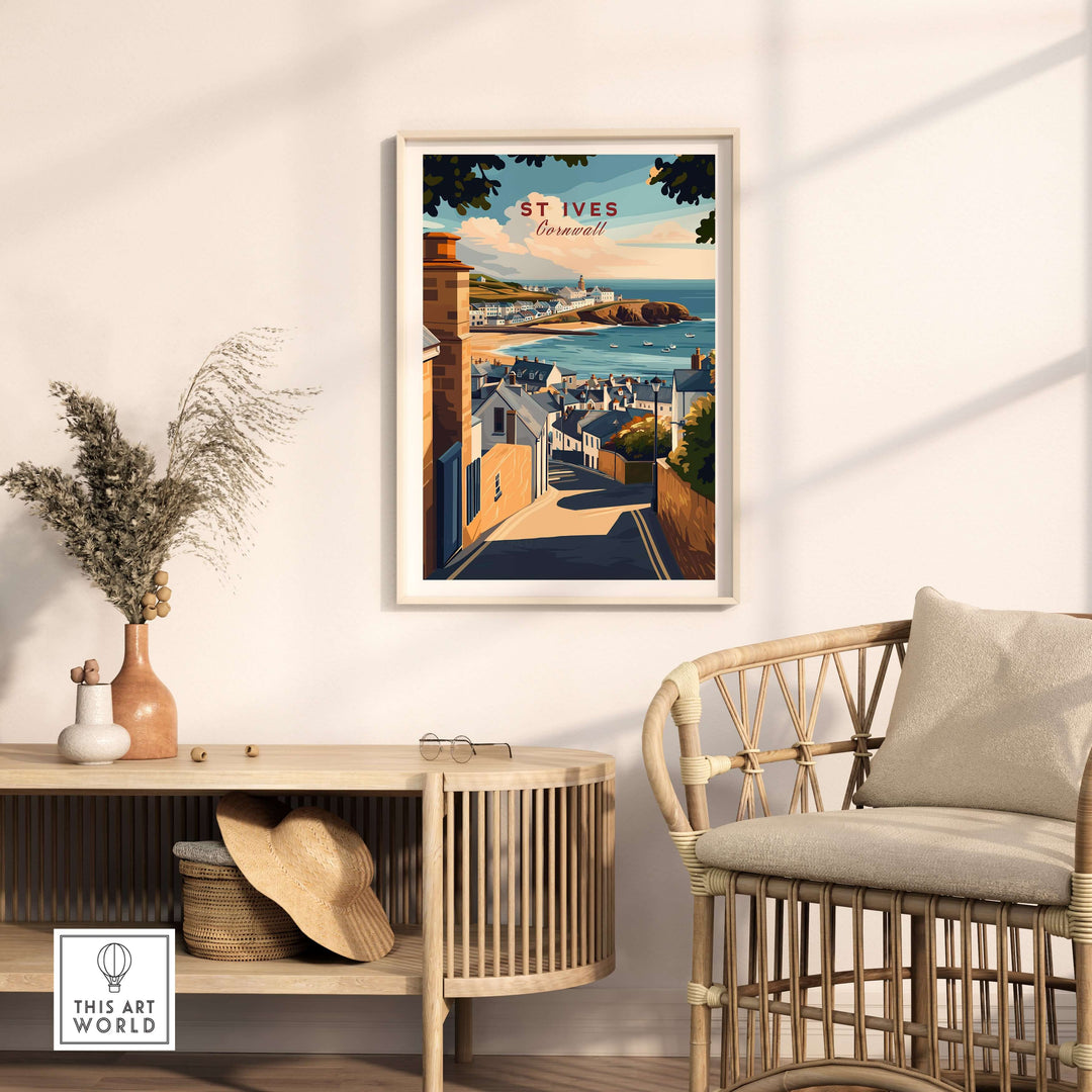 St Ives Across the Rooftops View Print showcasing a picturesque Cornish town framed by cottage rooftops and sea.