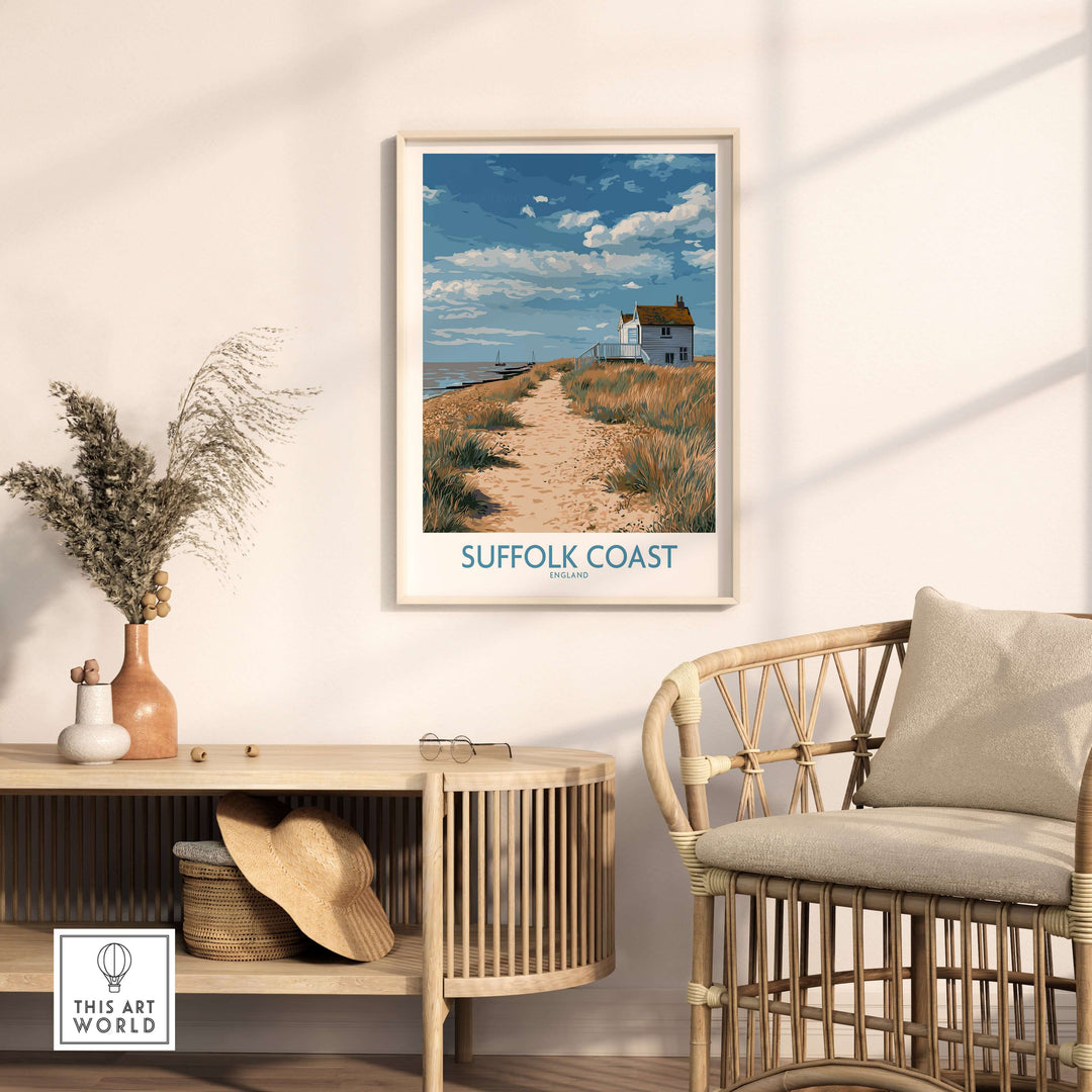 Suffolk Coast poster showcasing serene rural landscape and English shoreline in stylish interior decor.
