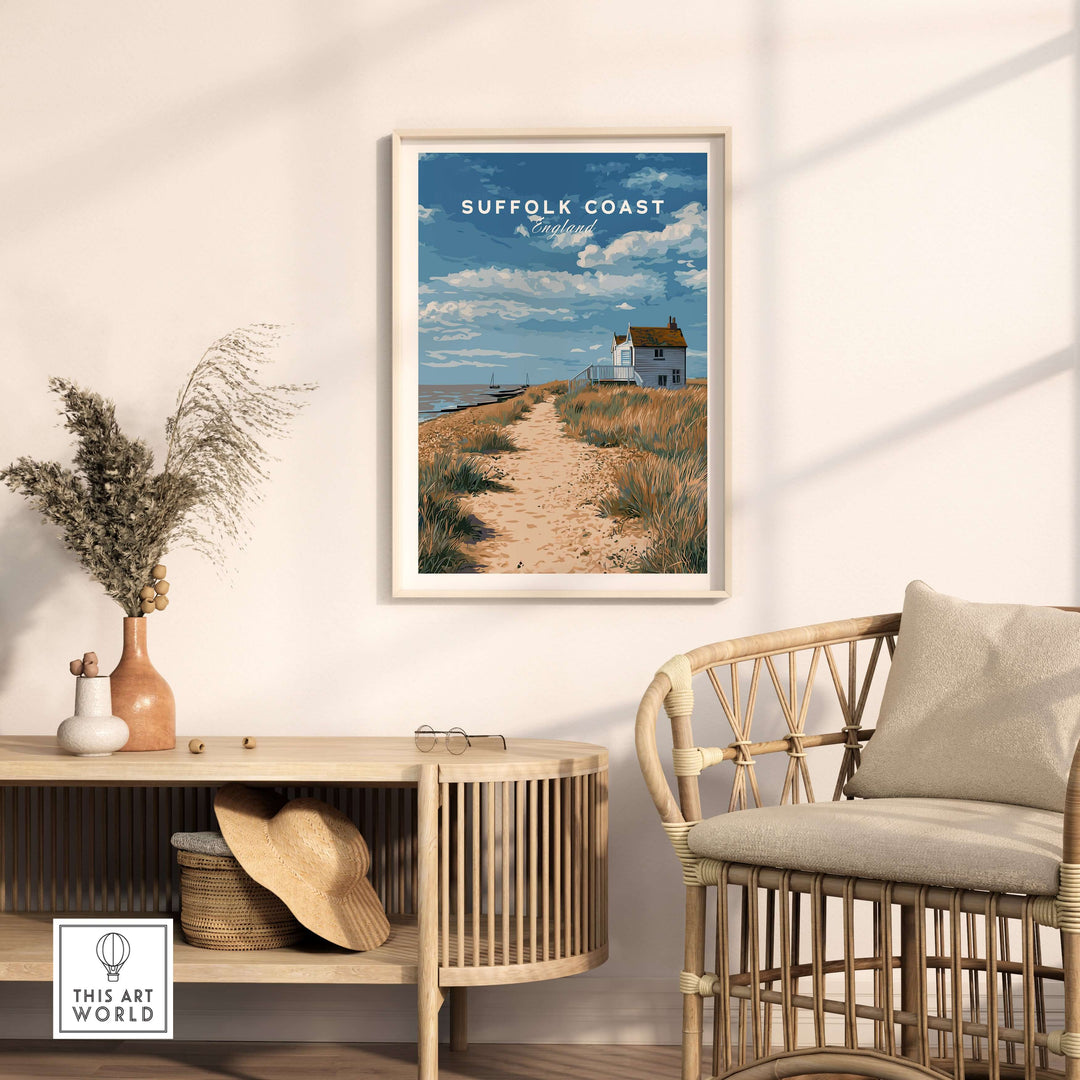 Suffolk Coast beach house print showcasing a coastal pathway, enhancing serene home decor.