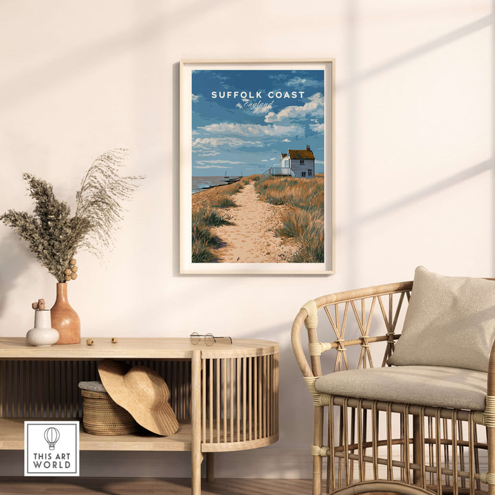 Suffolk Coast beach house print showcasing a coastal pathway, enhancing serene home decor.