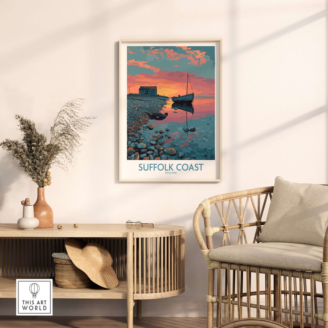 Suffolk Coast poster featuring tranquil evening seascape with boat and sunset in stylish interior setting.