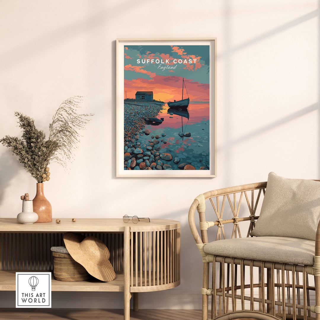 Suffolk Coast print showcasing a sunset, boat, and coastal huts at pebble beach, perfect for serene wall art.