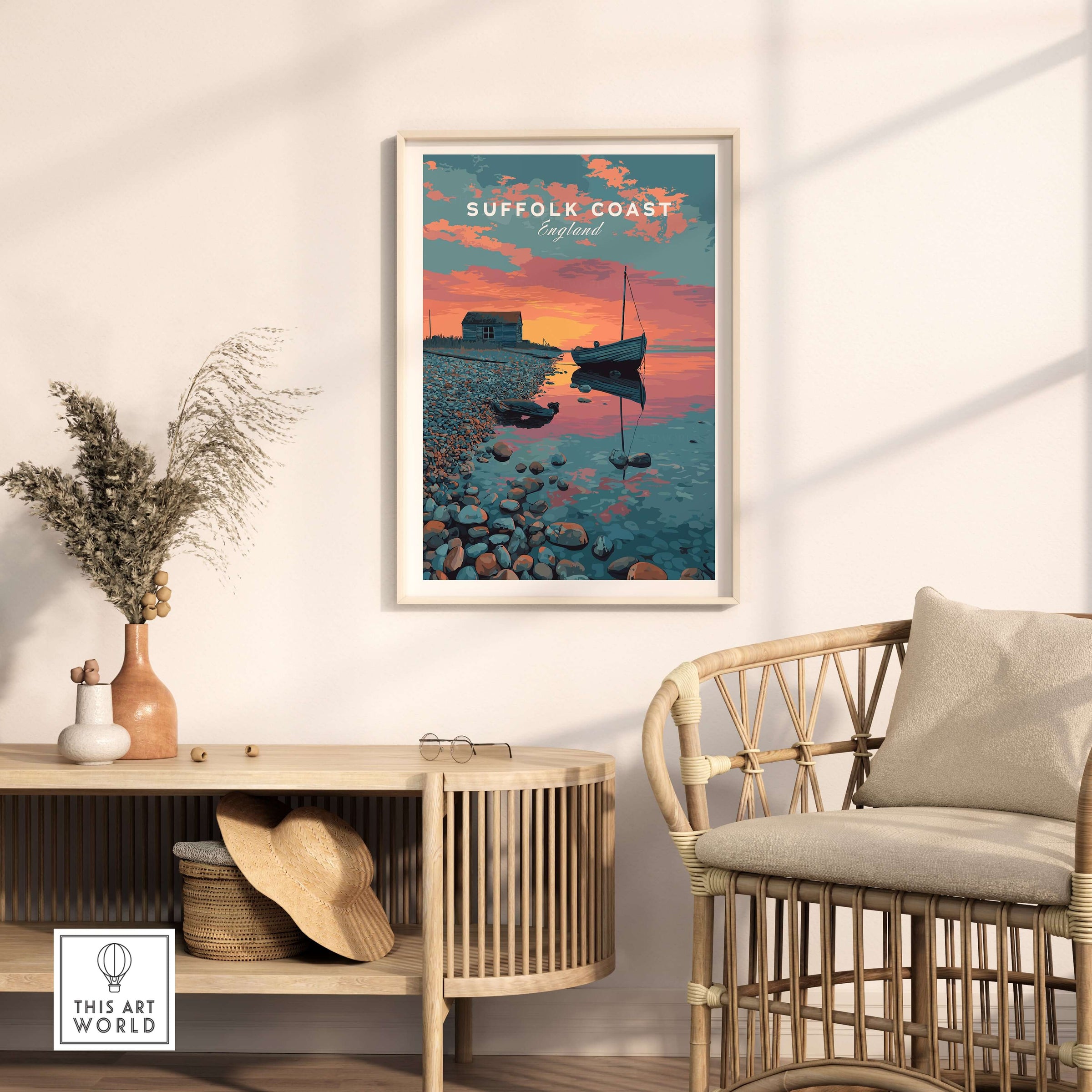 Suffolk Coast Print England Sunset Boat Pebble Beach - Coastal Hut Wall Art displayed in a cozy interior with natural decor.