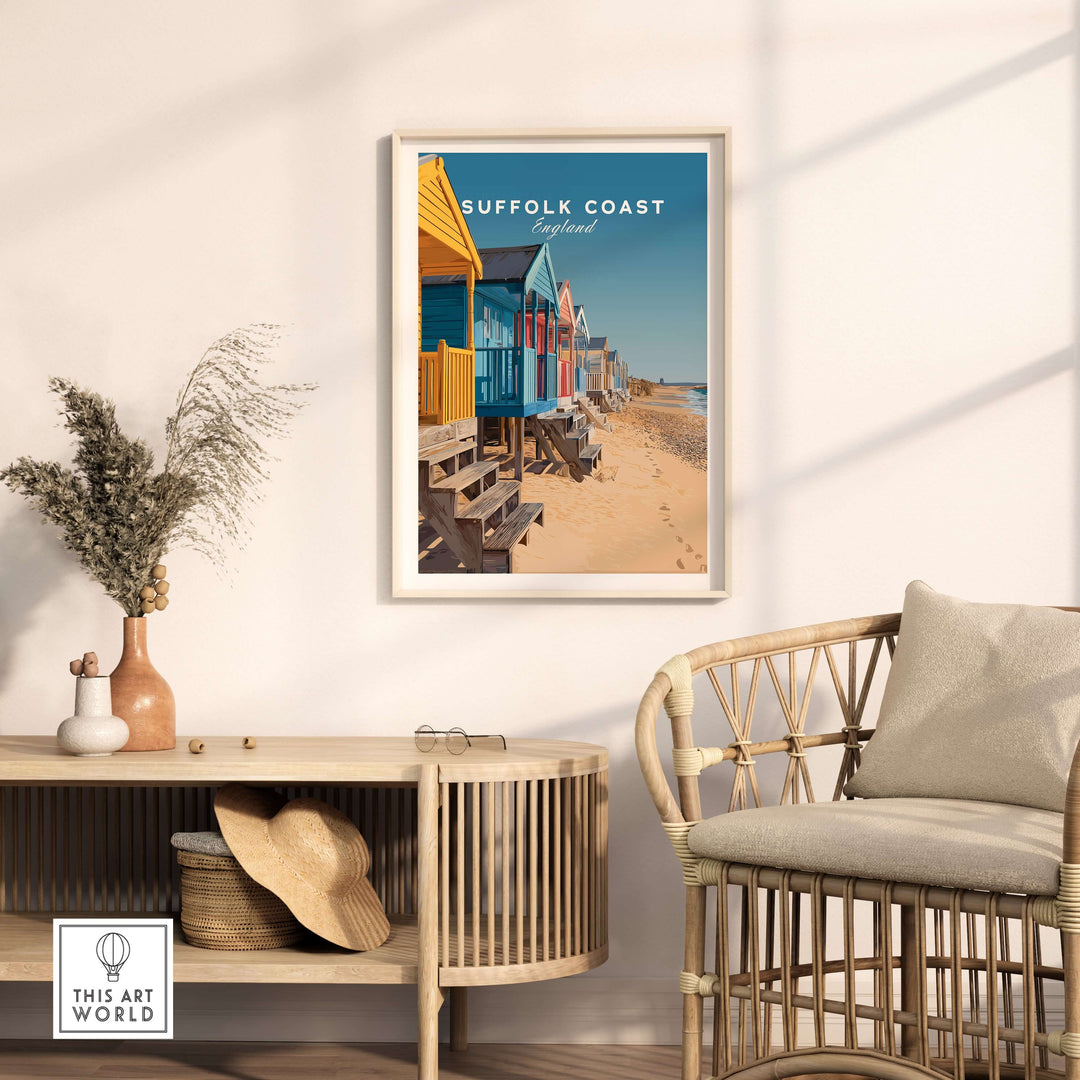 Vibrant Suffolk Coast beach huts poster in a modern living room setting, showcasing colorful seaside decor.