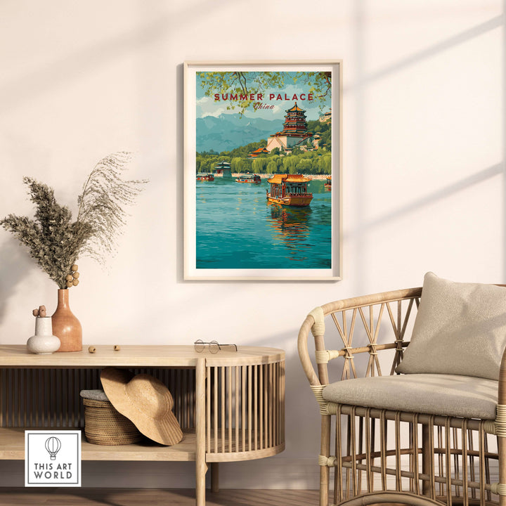 Summer Palace China art print displayed in a modern living room, showcasing Beijing's royal park with serene waters.