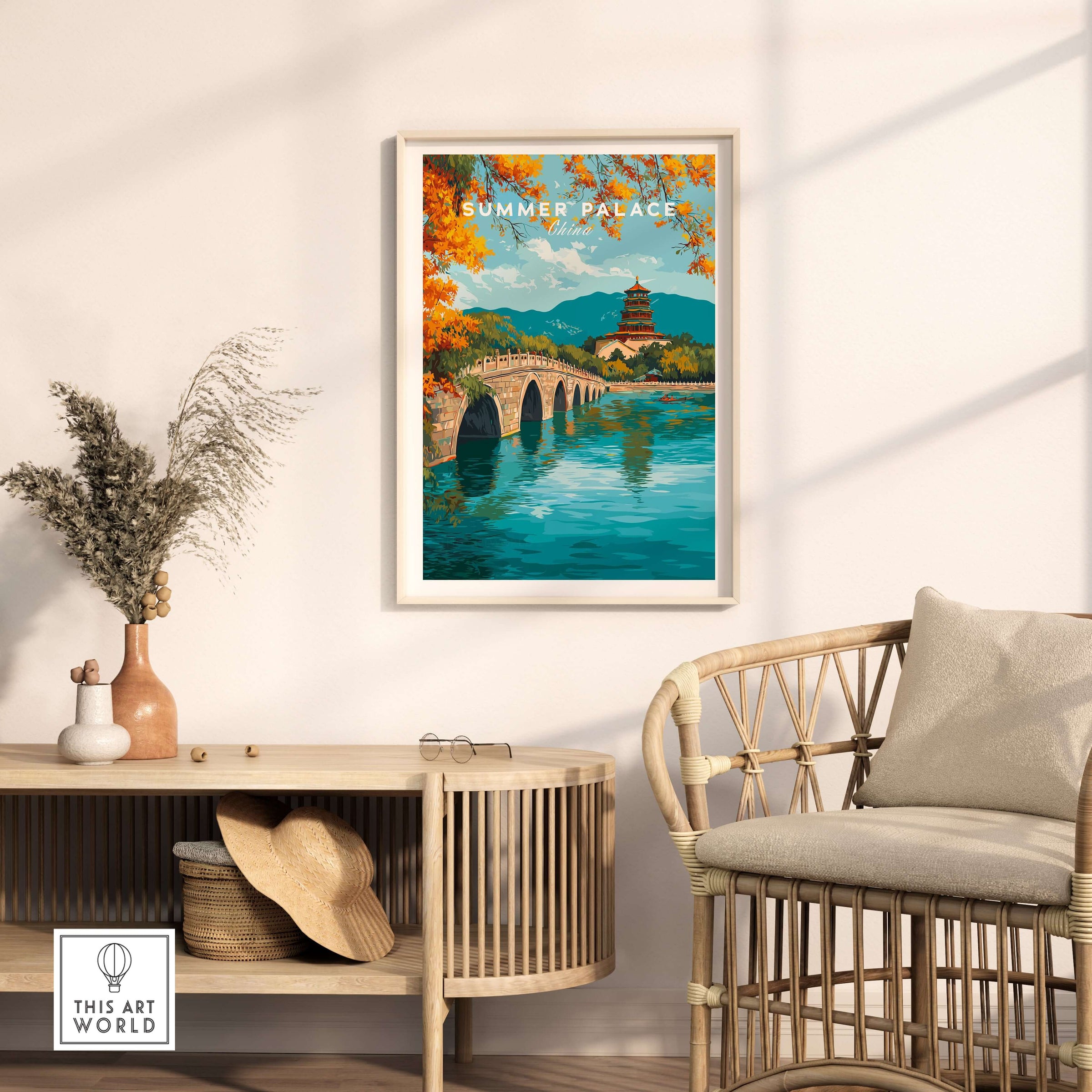 Summer Palace China Seventeen-Arch Bridge Print - Beijing Historic Bridge Art in a modern living room setting.