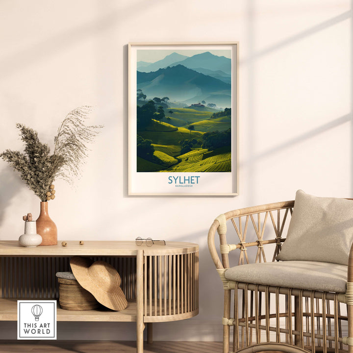 Sylhet Bangladesh poster featuring lush tea plantation fields and mountainous background, perfect for nature-inspired decor.